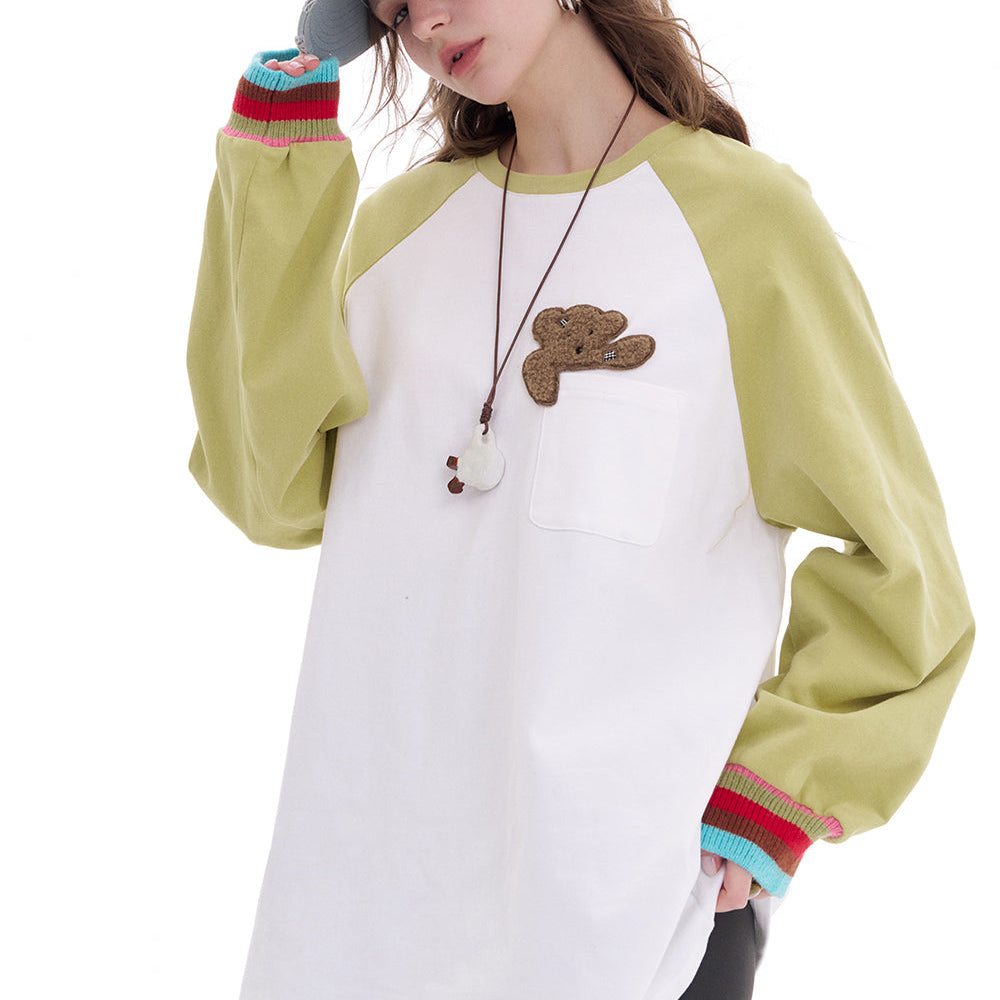 ELFSACK 2025 Spring New Arrivals Contrast color raglan long sleeve t-shirt women's loose casual base layer top