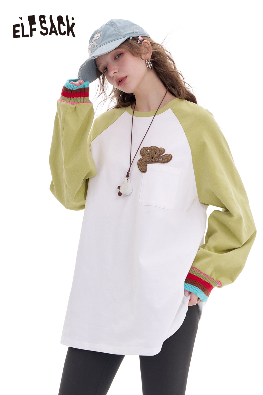 ELFSACK 2025 Spring New Arrivals Contrast color raglan long sleeve t-shirt women's loose casual base layer top