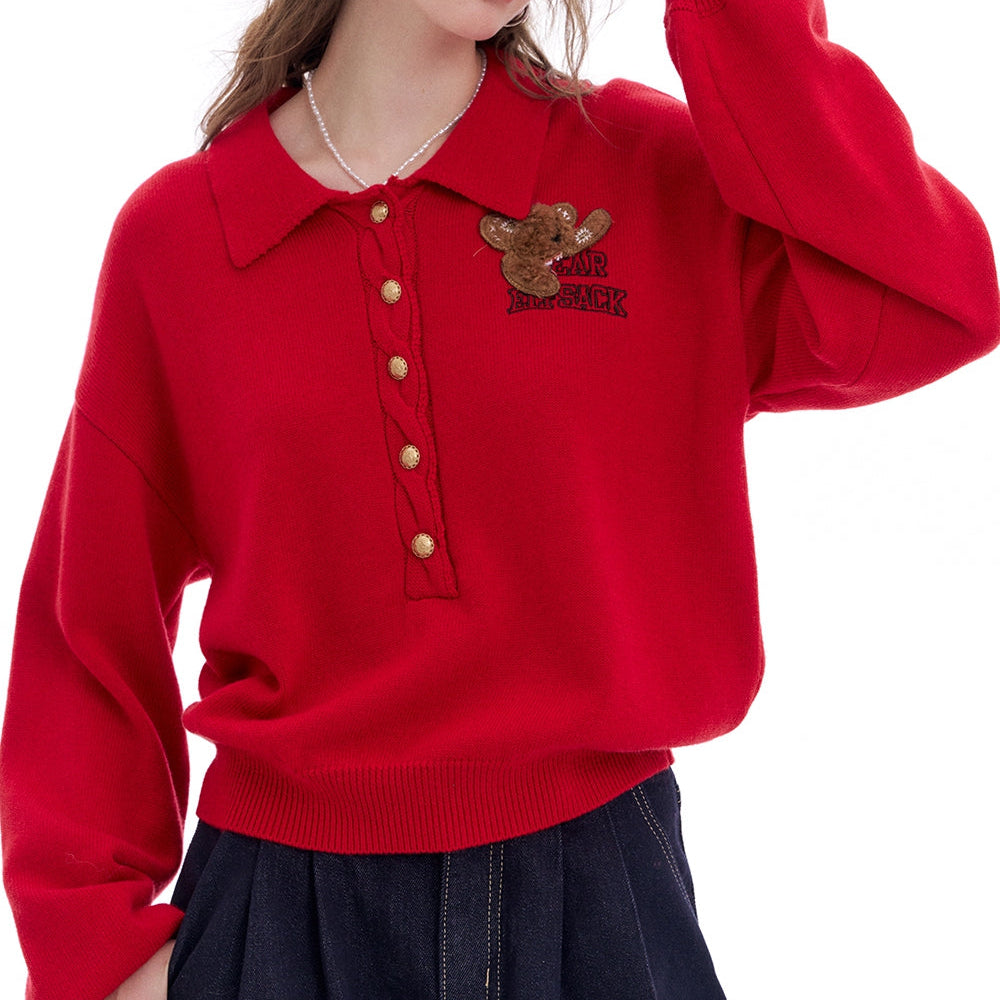 ELFSACK 2025 Spring New Arrivals Polo Collar Bear Patch Knit Pullover Women Korean Preppy Style Sweater