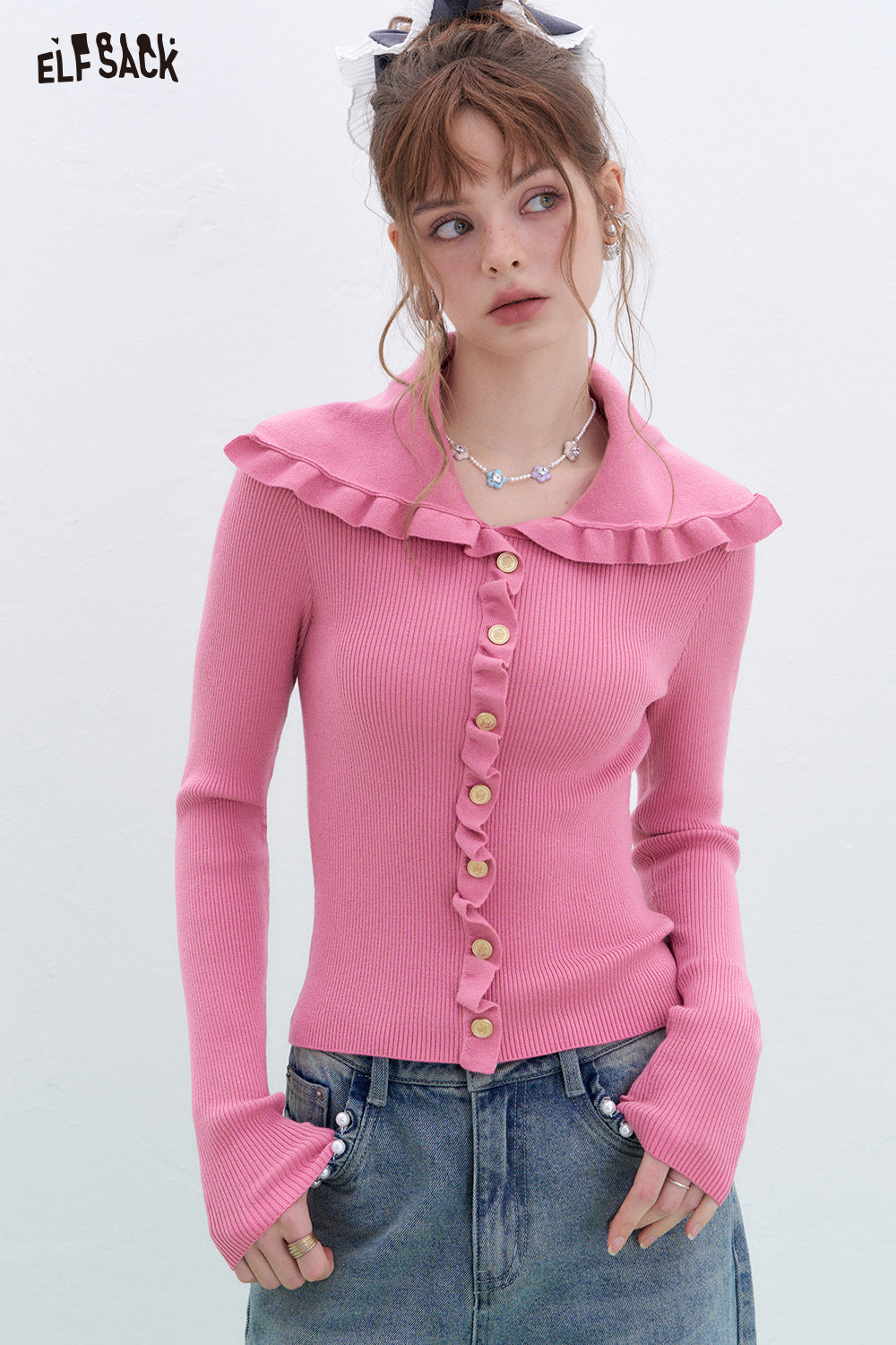 ELFSACK Y2K Ruffles Slim Fit Sweater Women Sweet Korean Pullover