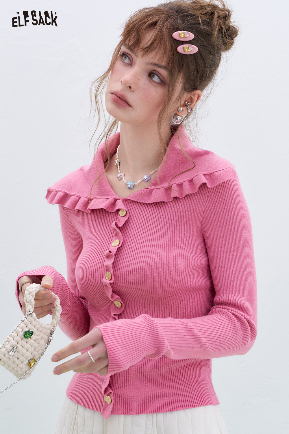 ELFSACK Y2K Ruffles Slim Fit Sweater Women Sweet Korean Pullover