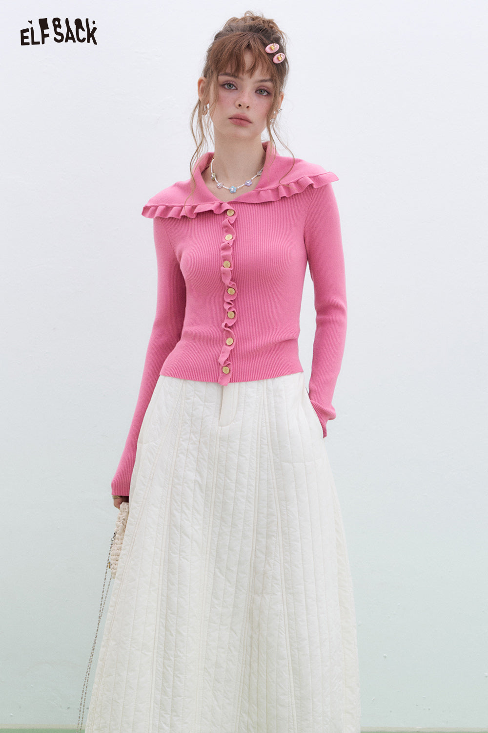 ELFSACK Y2K Ruffles Slim Fit Sweater Women Sweet Korean Pullover