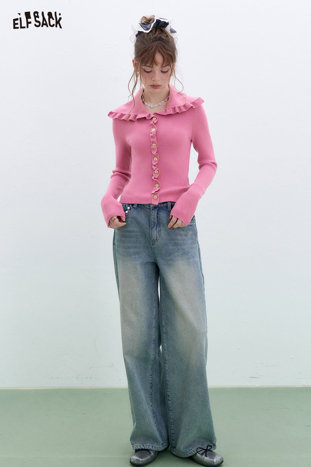 ELFSACK Y2K Ruffles Slim Fit Sweater Women Sweet Korean Pullover