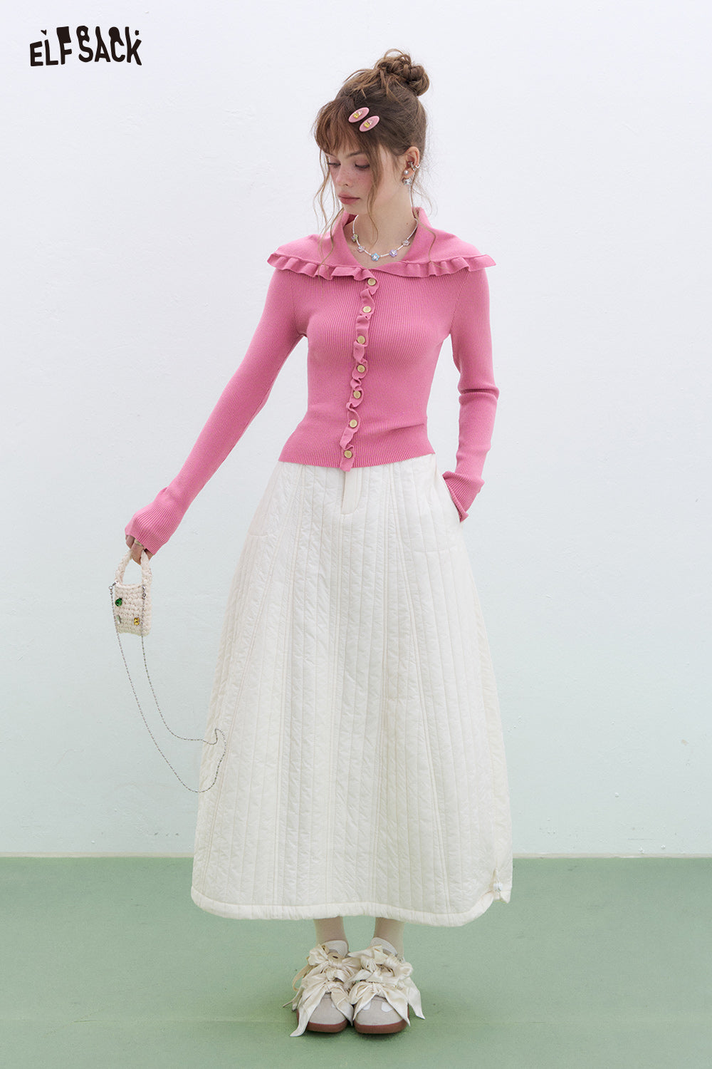 ELFSACK Y2K Ruffles Slim Fit Sweater Women Sweet Korean Pullover