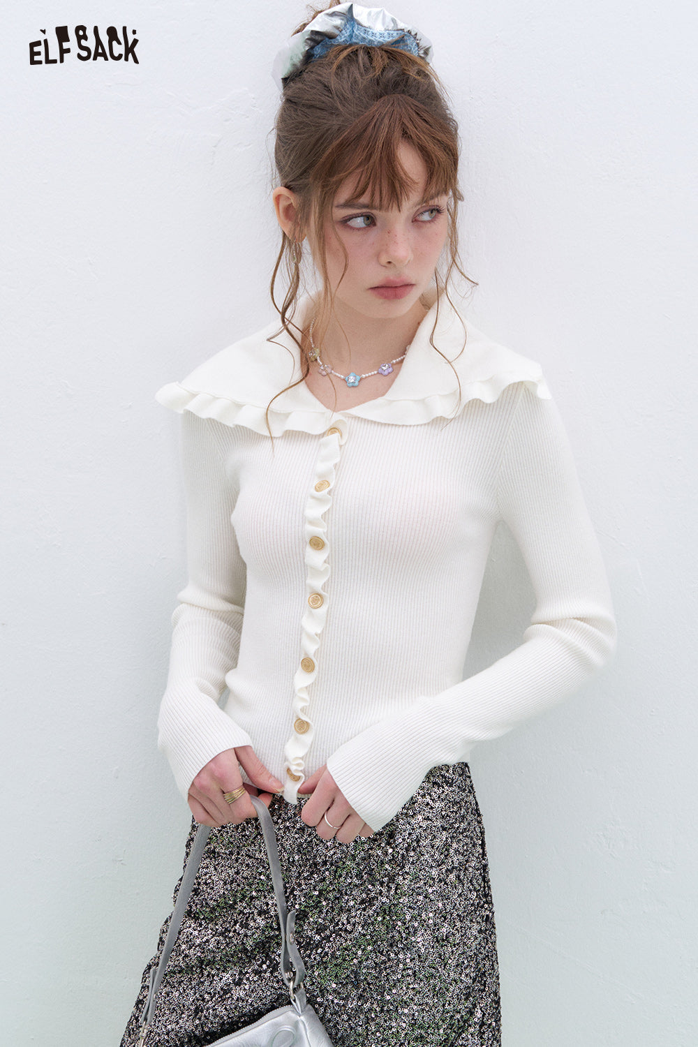 ELFSACK Y2K Ruffles Slim Fit Sweater Women Sweet Korean Pullover