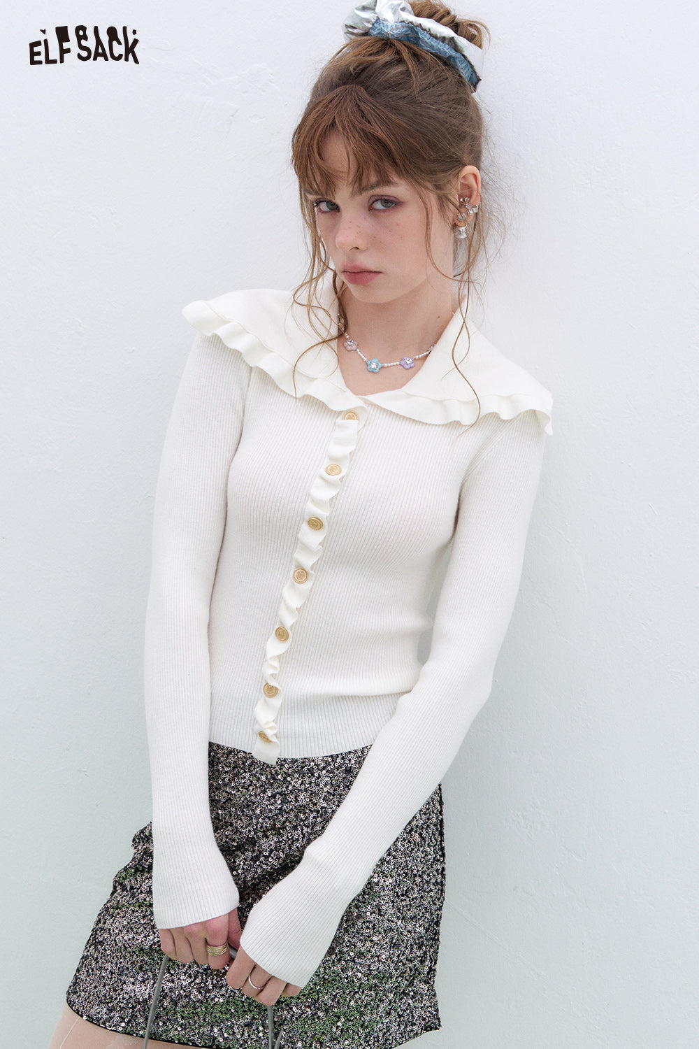 ELFSACK Y2K Ruffles Slim Fit Sweater Women Sweet Korean Pullover