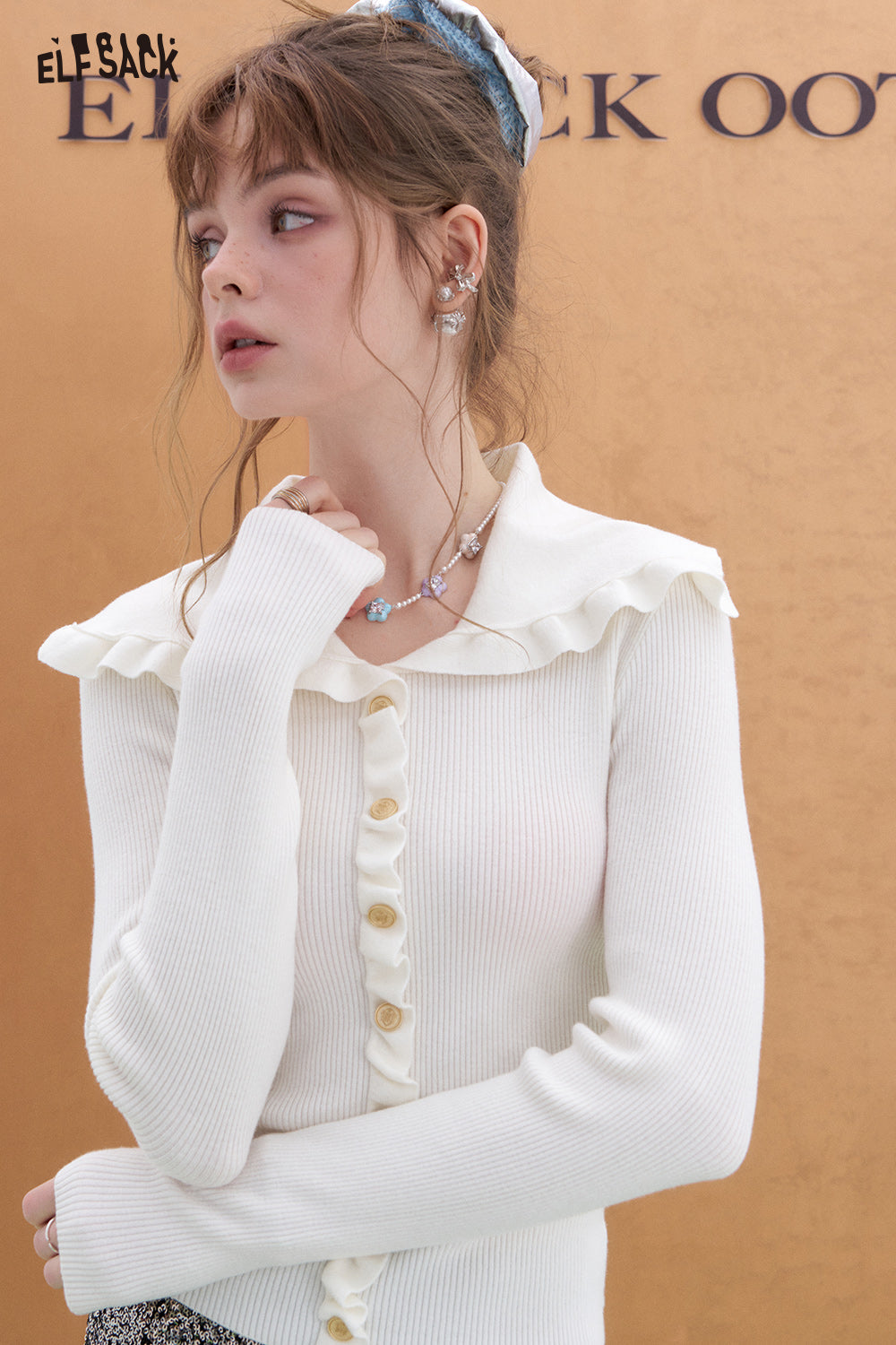 ELFSACK Y2K Ruffles Slim Fit Sweater Women Sweet Korean Pullover