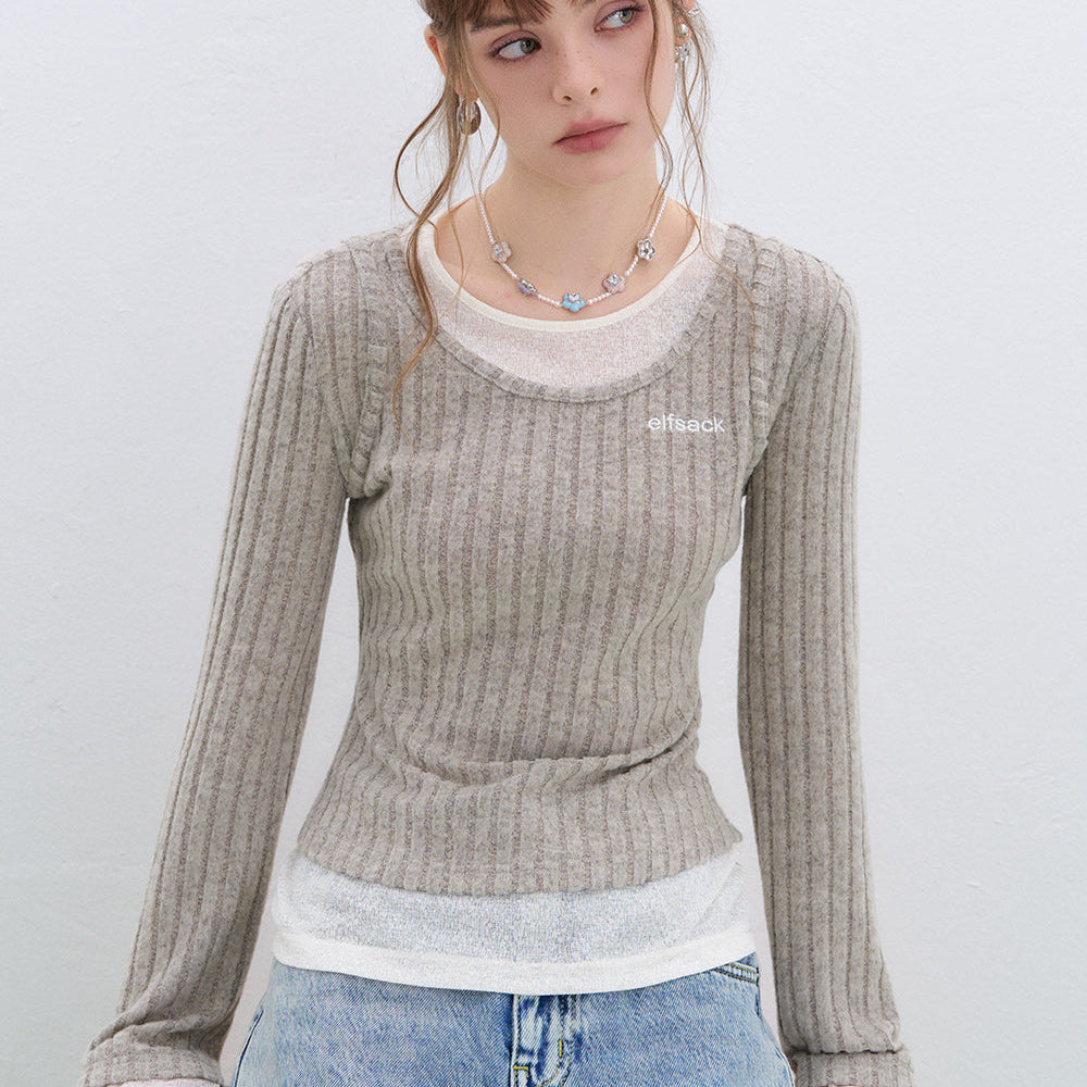 
                  
                    ELFSACK 2025 Spring New Arrivals Retro fake two-piece stitching knitted pullover for women Round neck long sleeve Korean style top
                  
                