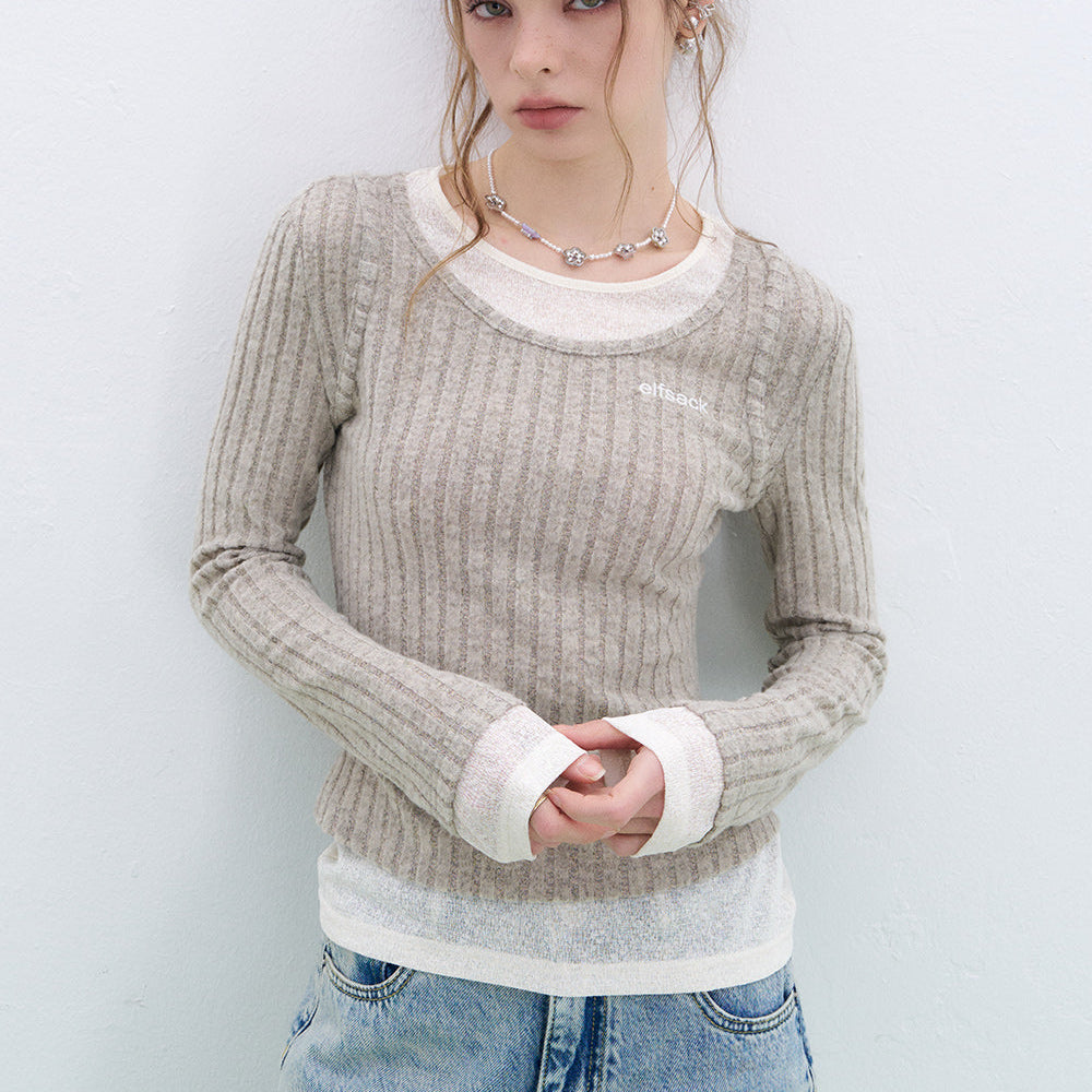 
                  
                    ELFSACK 2025 Spring New Arrivals Retro fake two-piece stitching knitted pullover for women Round neck long sleeve Korean style top
                  
                