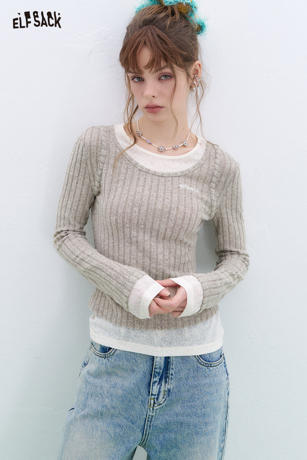 ELFSACK Retro fake two-piece stitching knitted pullover Round neck long sleeve Korean style top