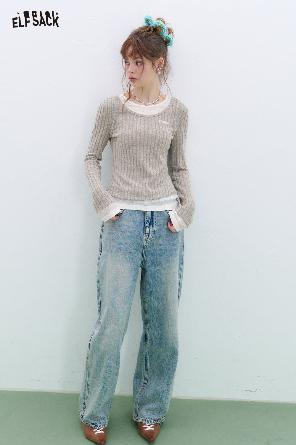 ELFSACK Retro fake two-piece stitching knitted pullover Round neck long sleeve Korean style top