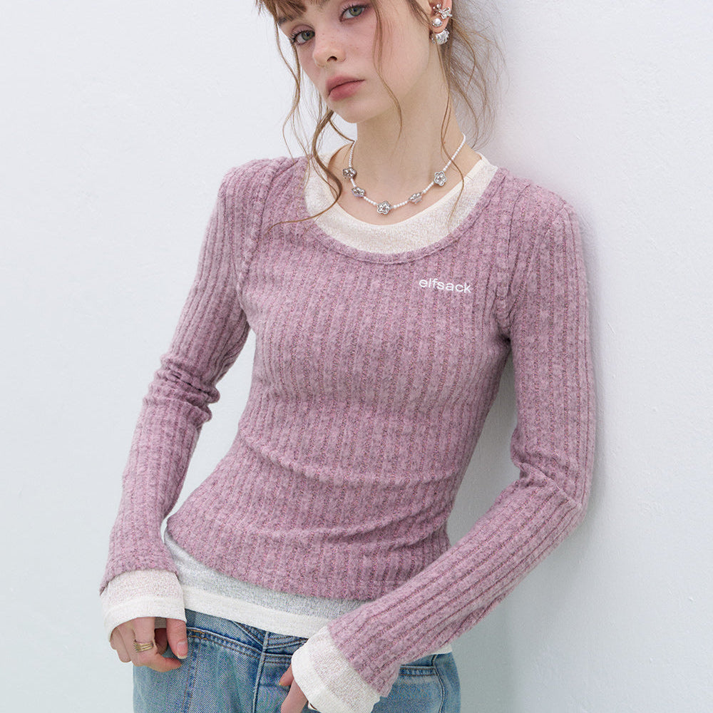 ELFSACK 2025 Spring New Arrivals Retro fake two-piece stitching knitted pullover for women Round neck long sleeve Korean style top