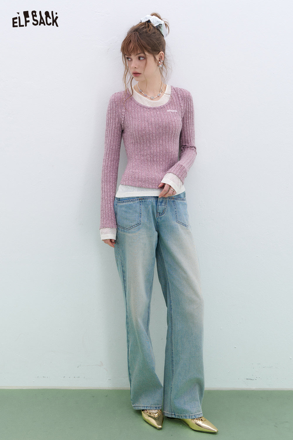 ELFSACK Retro fake two-piece stitching knitted pullover Round neck long sleeve Korean style top
