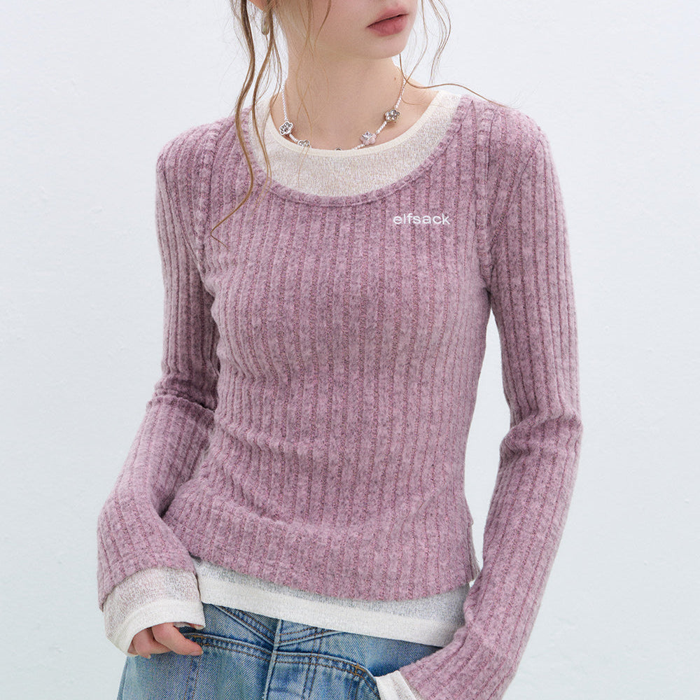 
                  
                    ELFSACK 2025 Spring New Arrivals Retro fake two-piece stitching knitted pullover for women Round neck long sleeve Korean style top
                  
                