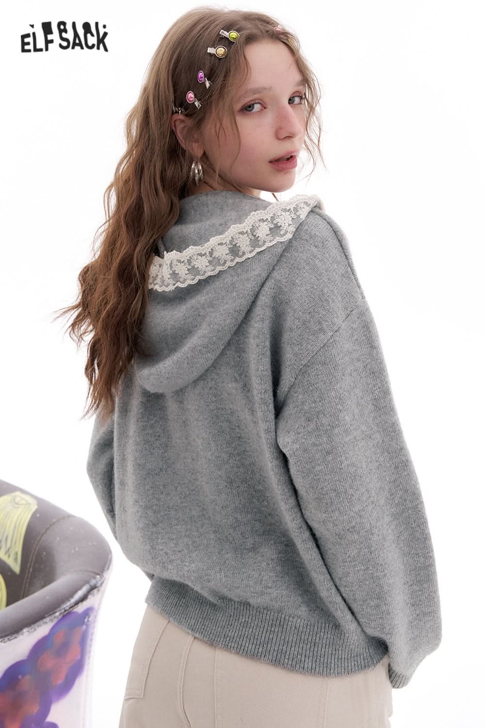 ELFSACK Korean Sweet Lace Hooded Long Sleeve White Knitted Pullover Women