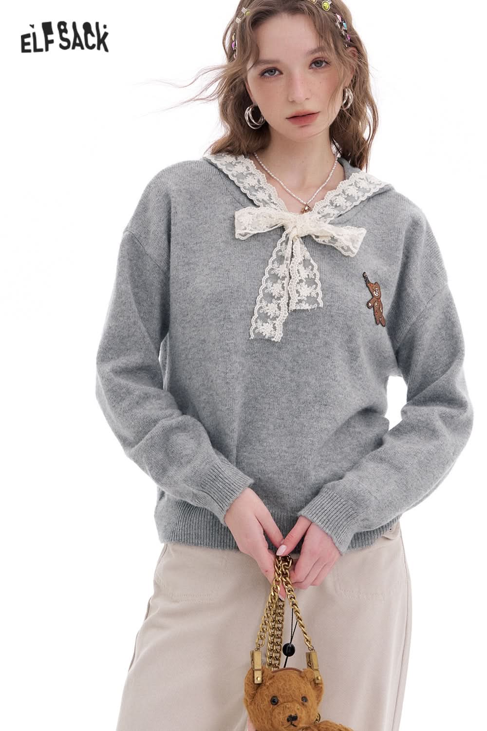 ELFSACK Korean Sweet Lace Hooded Long Sleeve White Knitted Pullover Women