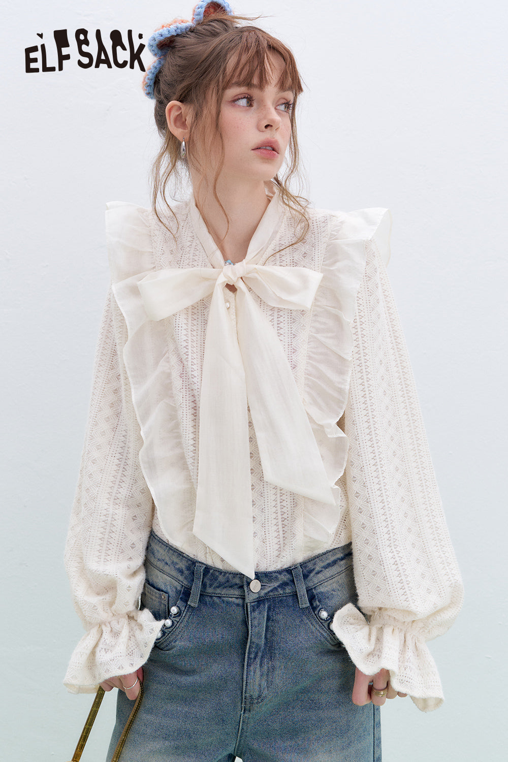 ELFSACK 2025 Spring New Arrivals French bow tie white lace blouse for women Korean sweet Flare Sleeve top