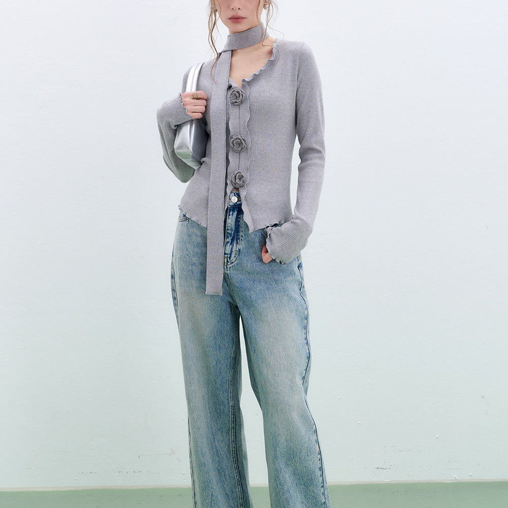 ELFSACK 2025 Spring New Arrivals Vintage washed straight jeans women blue wide leg loose pants