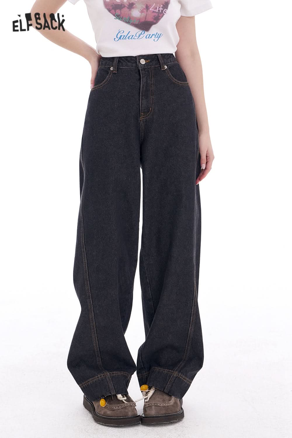 ELFSACK Retro Loose Bear Patch Straight Jeans Women Y2K Irregular High Street Pants