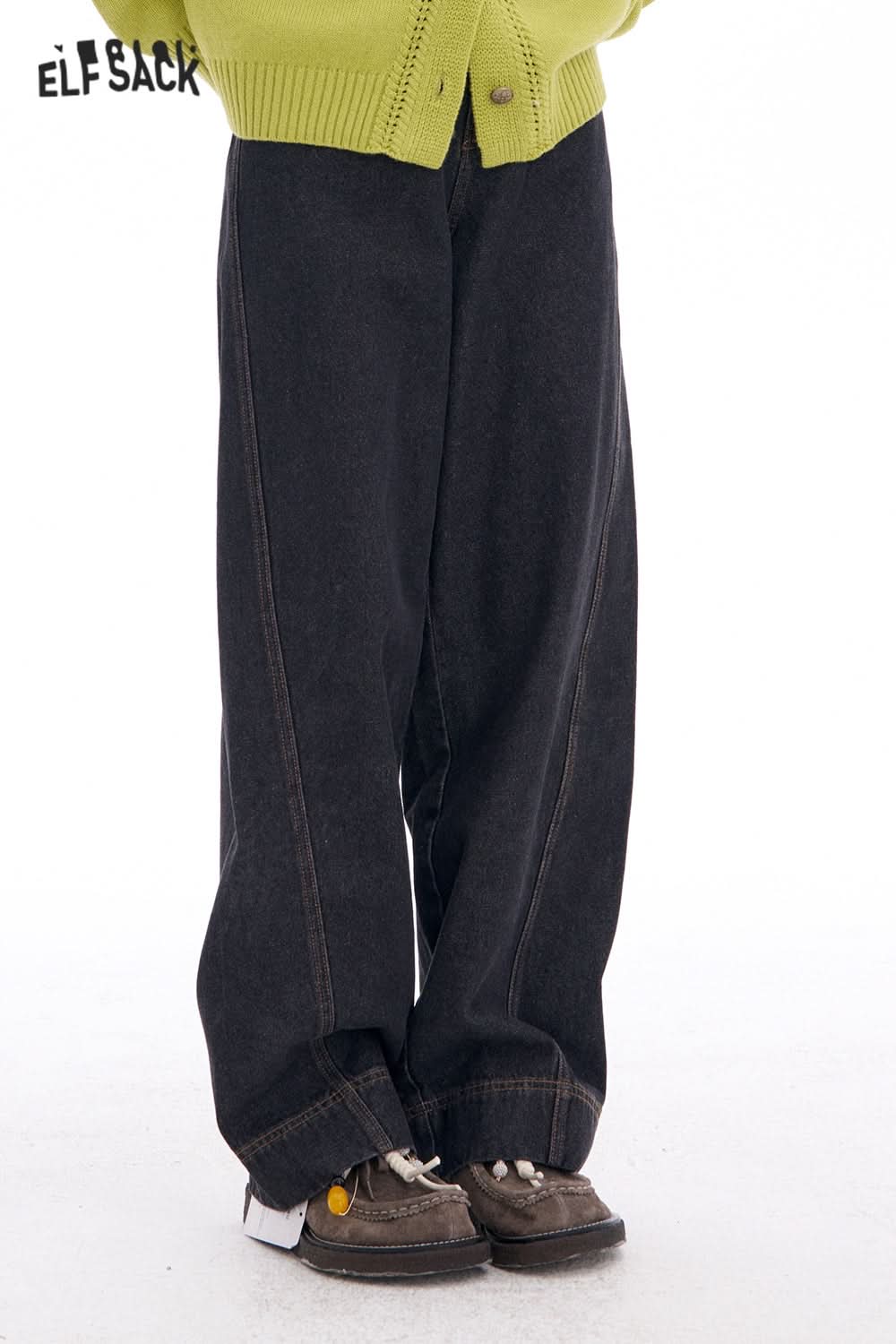 ELFSACK Retro Loose Bear Patch Straight Jeans Women Y2K Irregular High Street Pants