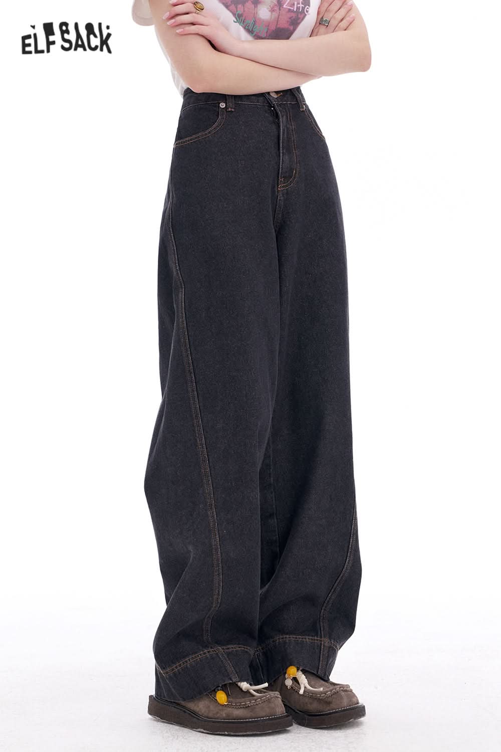 ELFSACK Retro Loose Bear Patch Straight Jeans Women Y2K Irregular High Street Pants