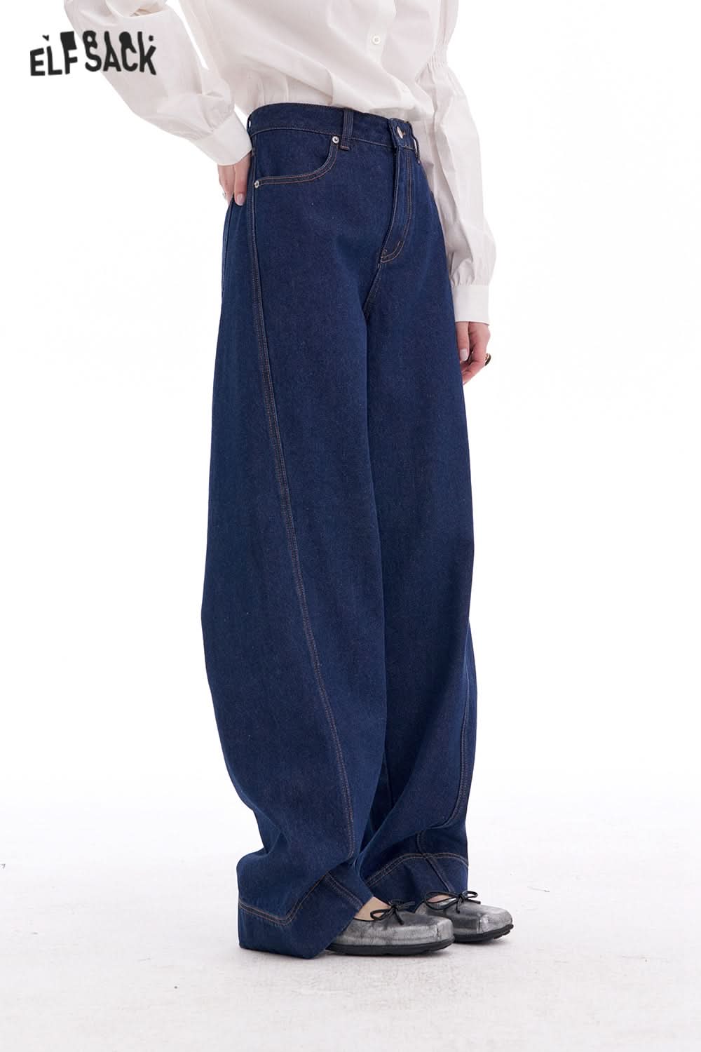 ELFSACK Retro Loose Bear Patch Straight Jeans Women Y2K Irregular High Street Pants