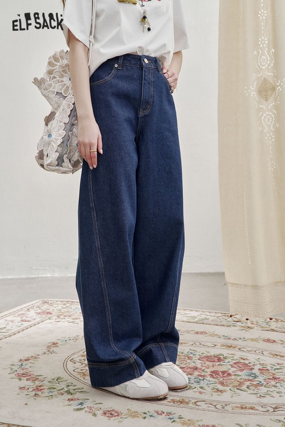 ELFSACK Retro Loose Bear Patch Straight Jeans Women Y2K Irregular High Street Pants