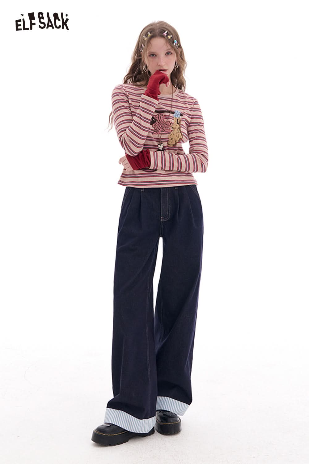 ELFSACK Dark blue striped high waist wide leg jeans retro straight loose pants