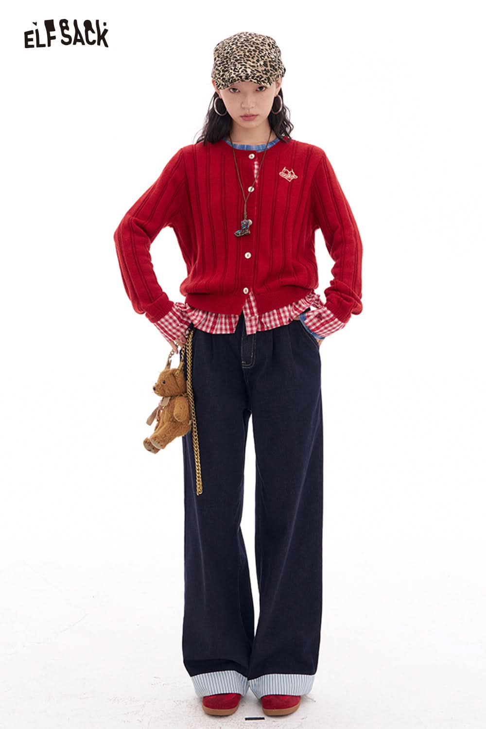 ELFSACK Dark blue striped high waist wide leg jeans retro straight loose pants