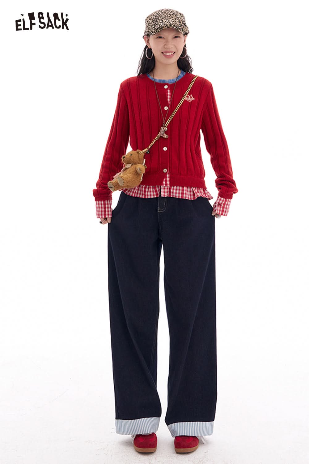 ELFSACK Dark blue striped high waist wide leg jeans retro straight loose pants