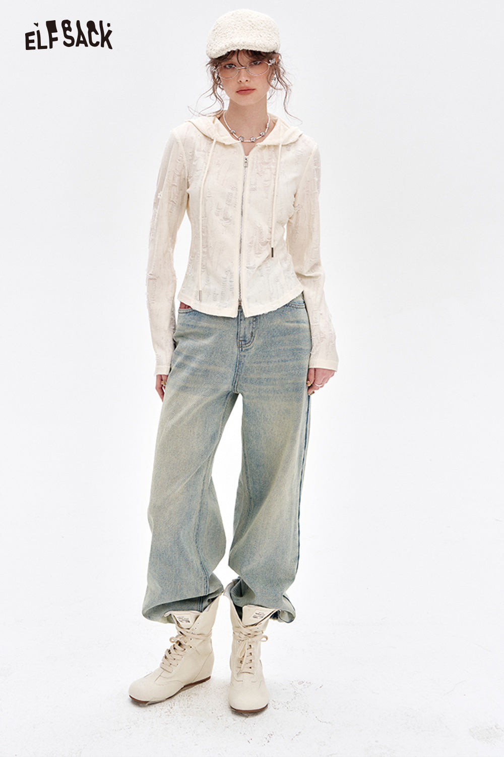 ELFSACK Light blue straight loose jeans women's casual versatile wide-leg pants
