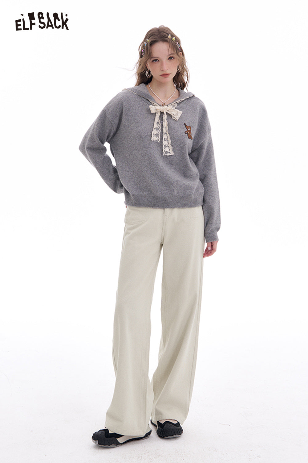 ELFSACK White high waist wide leg jeans women Korean straight loose pants