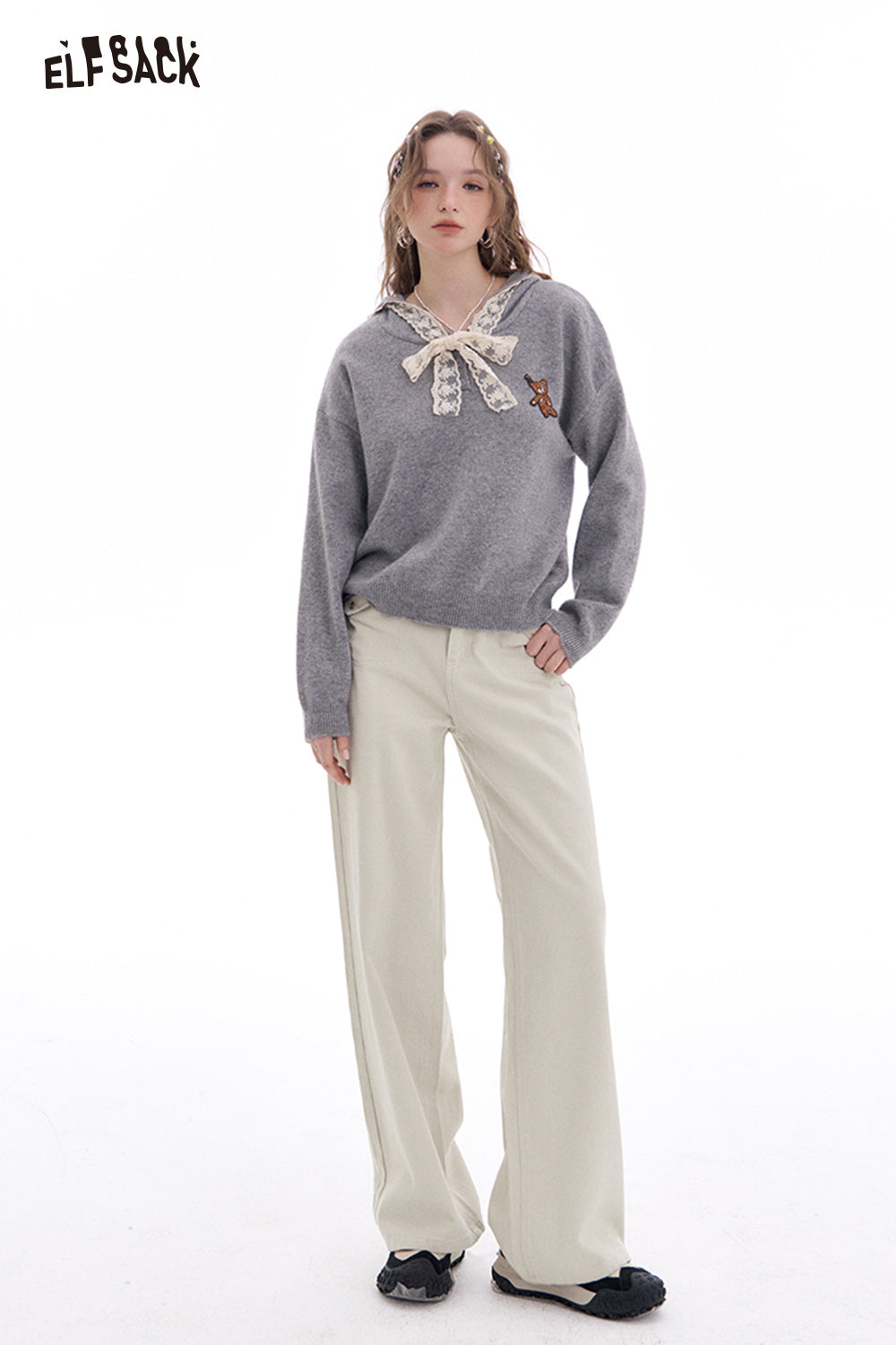 ELFSACK White high waist wide leg jeans women Korean straight loose pants