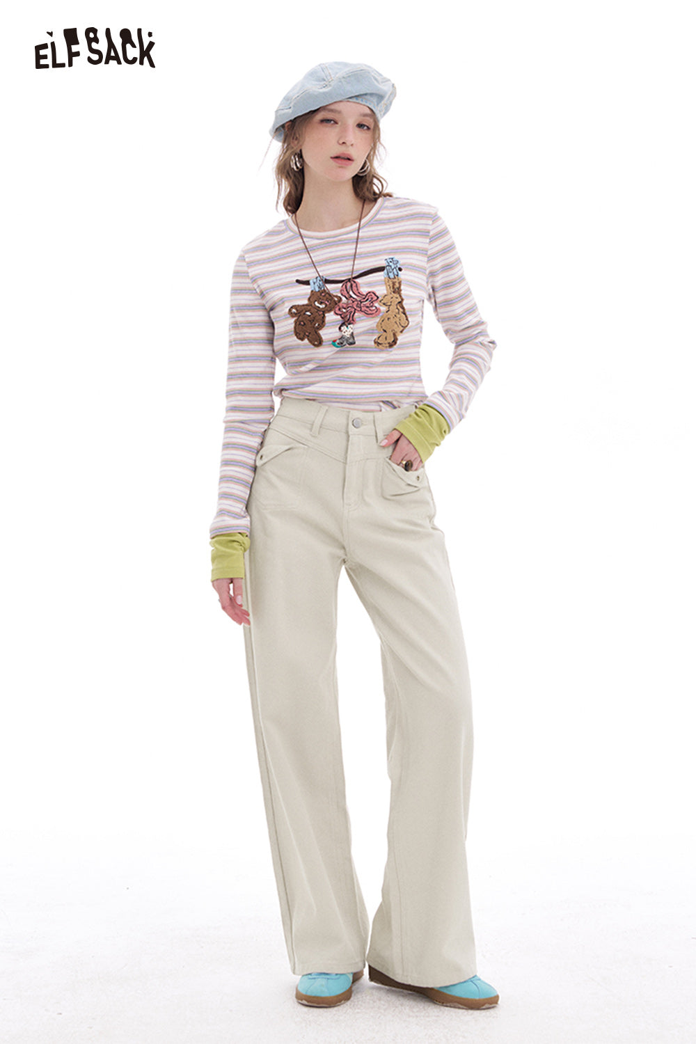 ELFSACK White high waist wide leg jeans women Korean straight loose pants