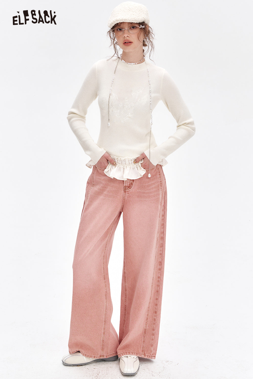 ELFSACK Sweet Pink High Waist Straight Jeans Women Korean Casual Wide Leg Pants