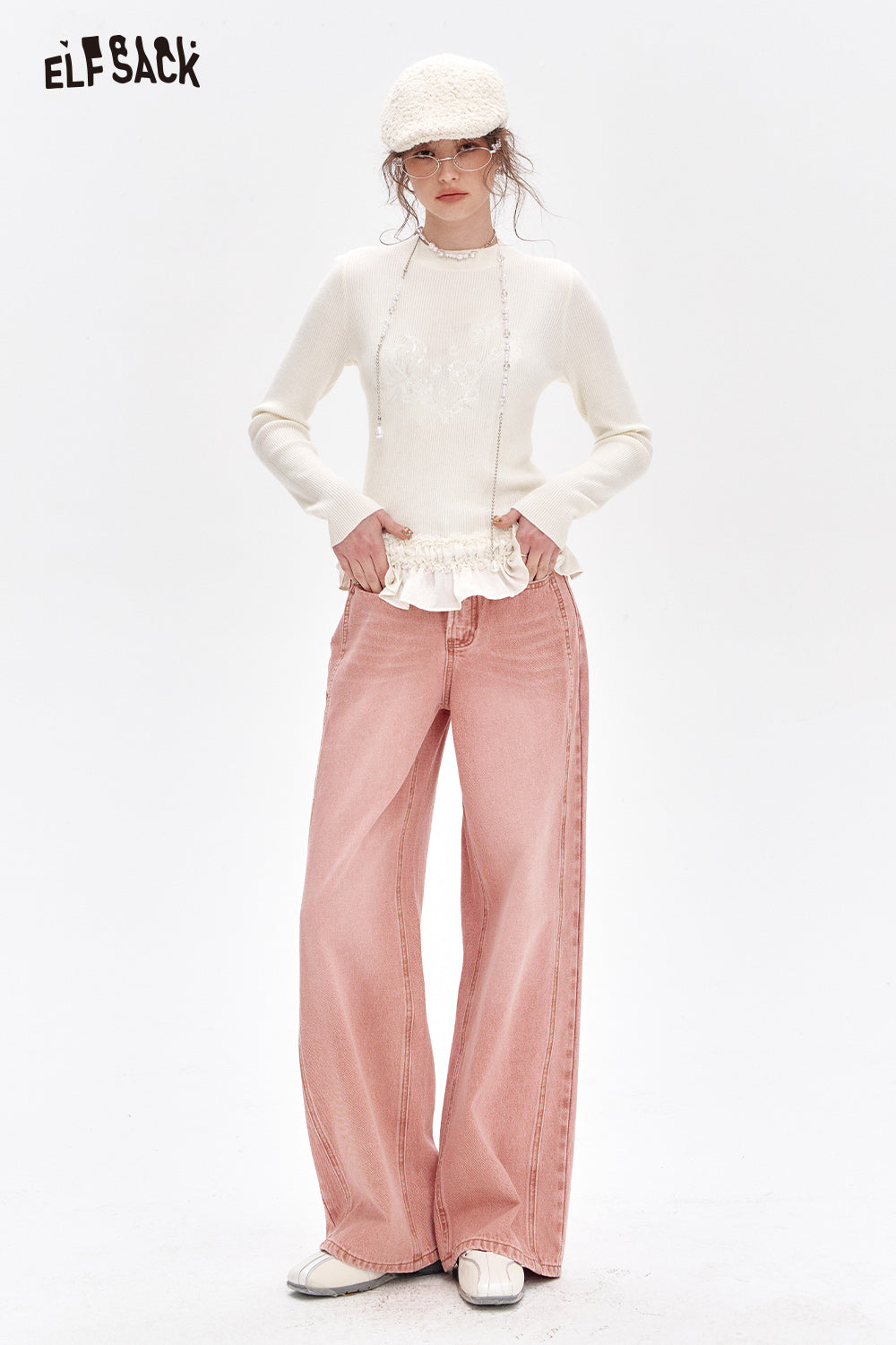 ELFSACK Sweet Pink High Waist Straight Jeans Women Korean Casual Wide Leg Pants