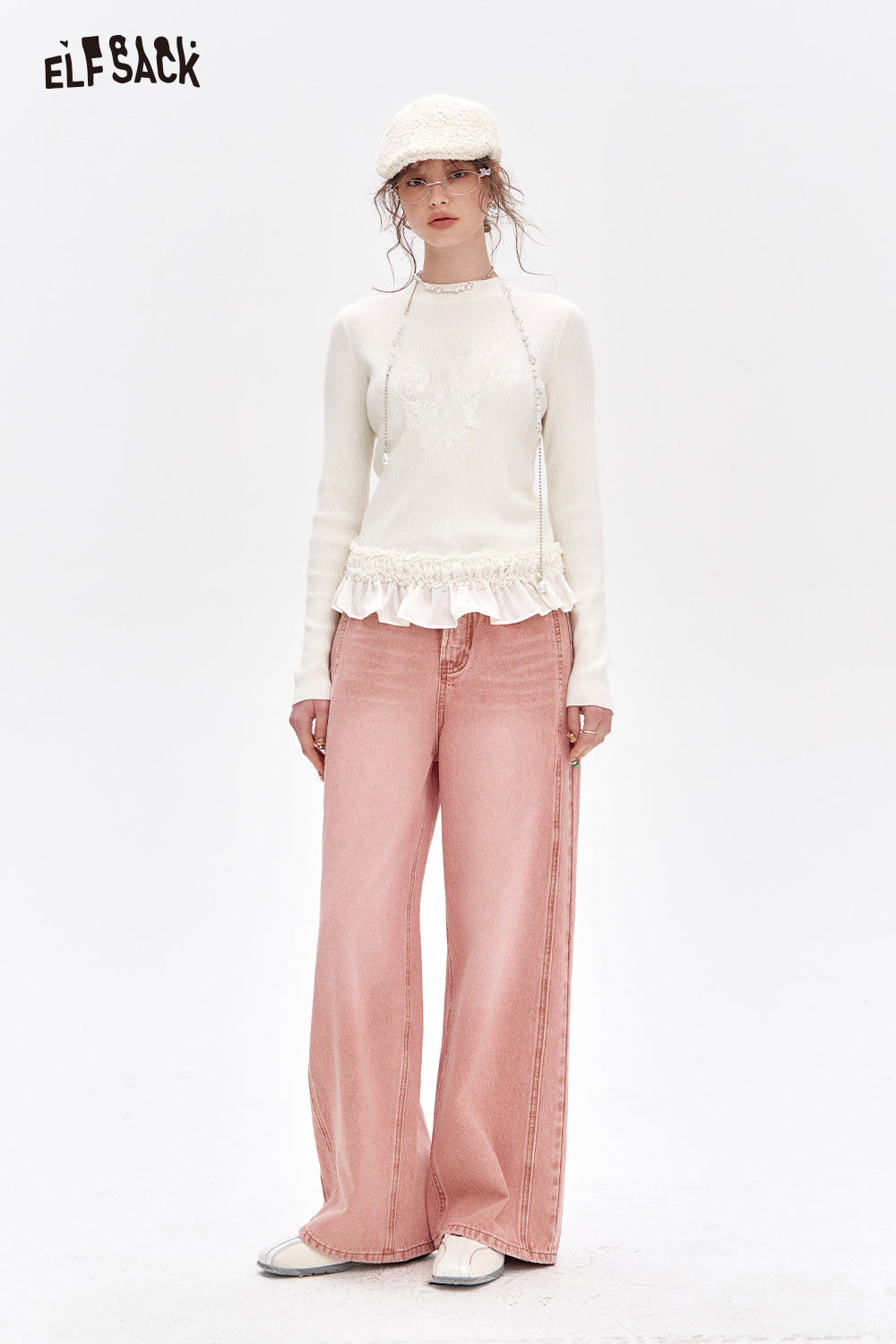 ELFSACK Sweet Pink High Waist Straight Jeans Women Korean Casual Wide Leg Pants