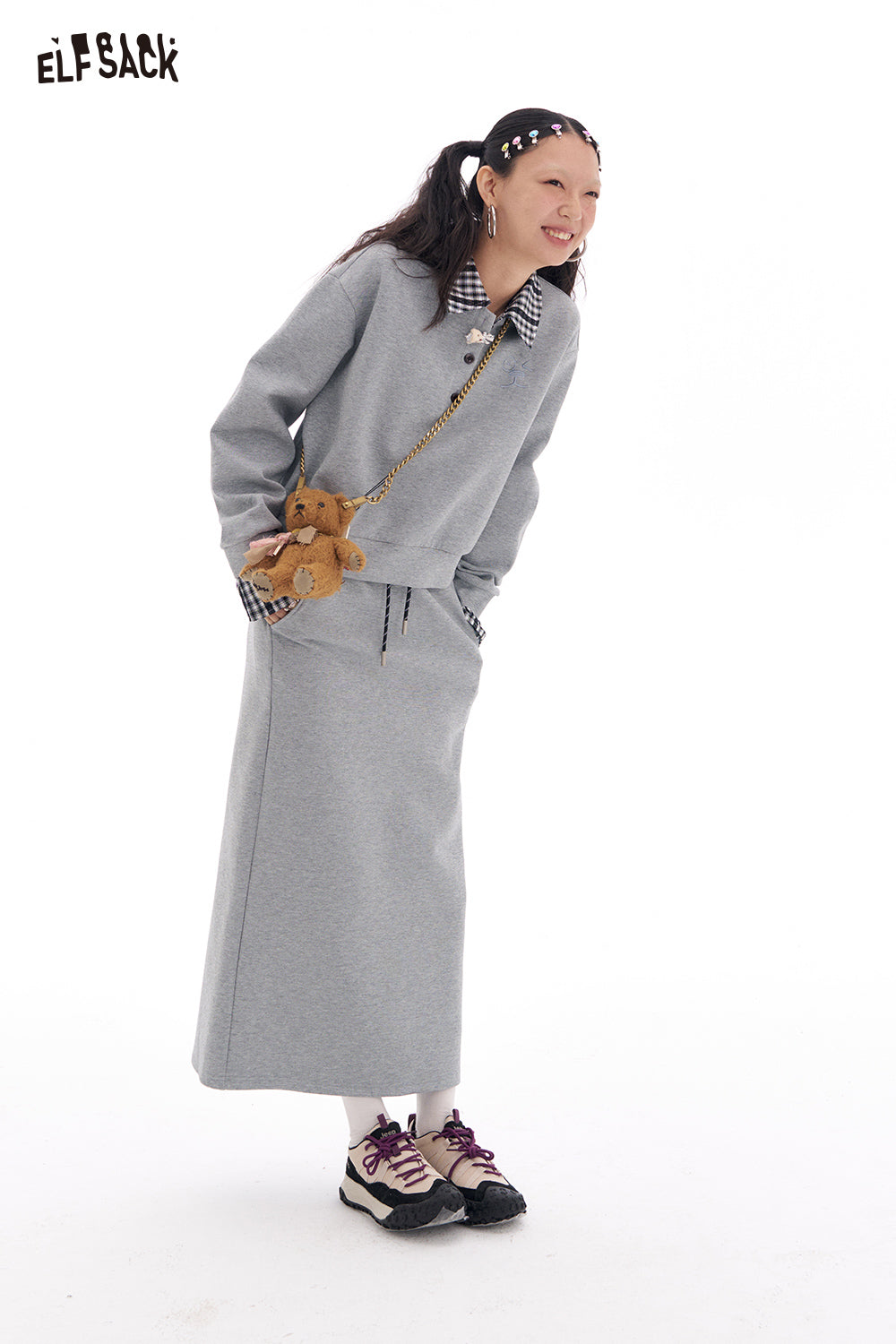 ELFSACK Fake Two Piece sweatshirt and elastic waist mid length skirt two-piece set Korean casual Sports Suits