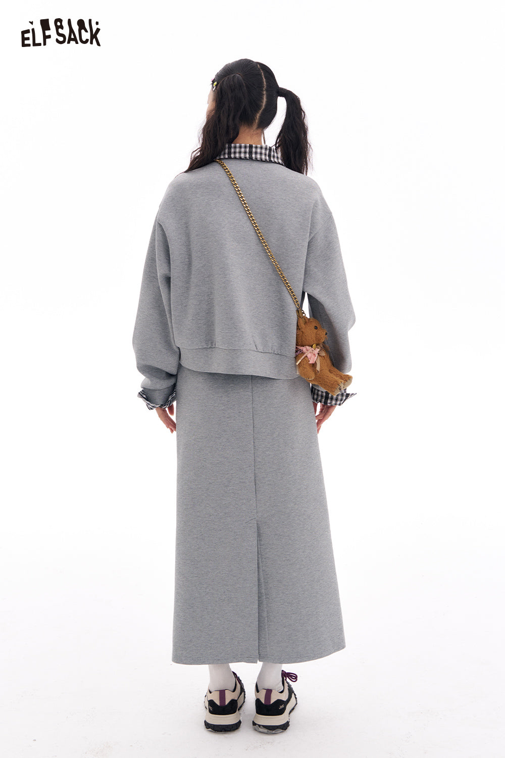 ELFSACK Fake Two Piece sweatshirt and elastic waist mid length skirt two-piece set Korean casual Sports Suits