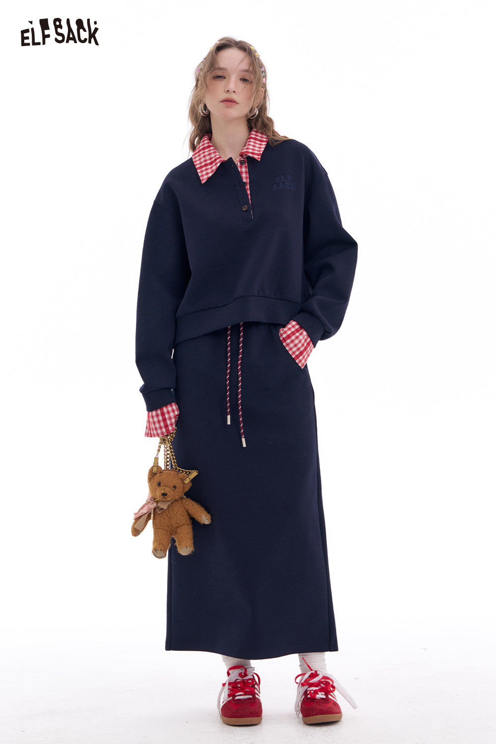ELFSACK Fake Two Piece sweatshirt and elastic waist mid length skirt two-piece set Korean casual Sports Suits
