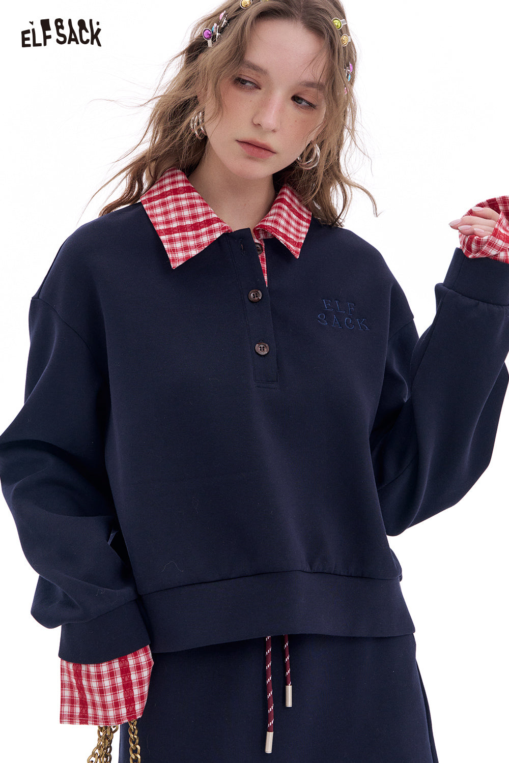 ELFSACK Fake Two Piece sweatshirt and elastic waist mid length skirt two-piece set Korean casual Sports Suits