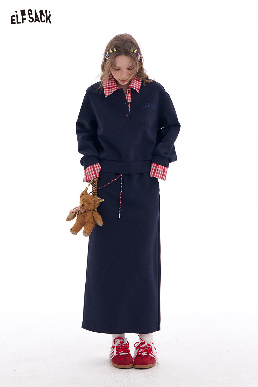 ELFSACK Fake Two Piece sweatshirt and elastic waist mid length skirt two-piece set Korean casual Sports Suits