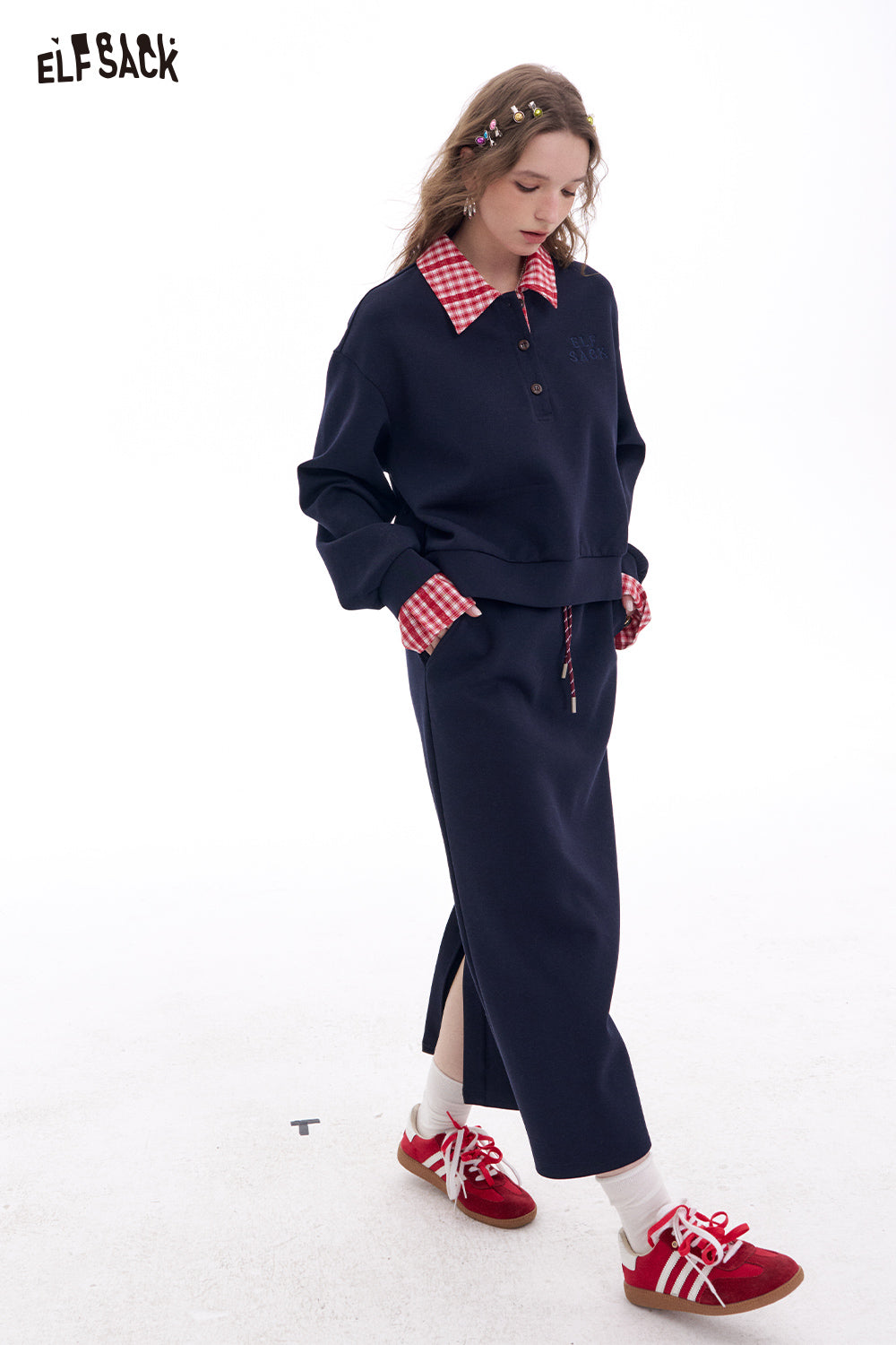 ELFSACK Fake Two Piece sweatshirt and elastic waist mid length skirt two-piece set Korean casual Sports Suits