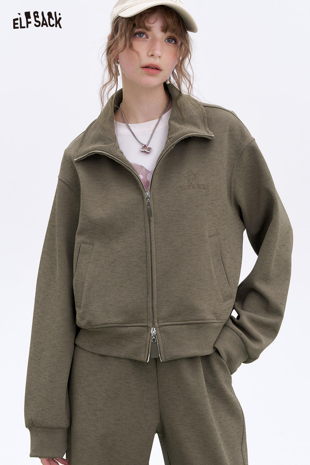 ELFSACK Casual zipper short sweatshirt cardigan trousers two-piece suit sports slim suit women