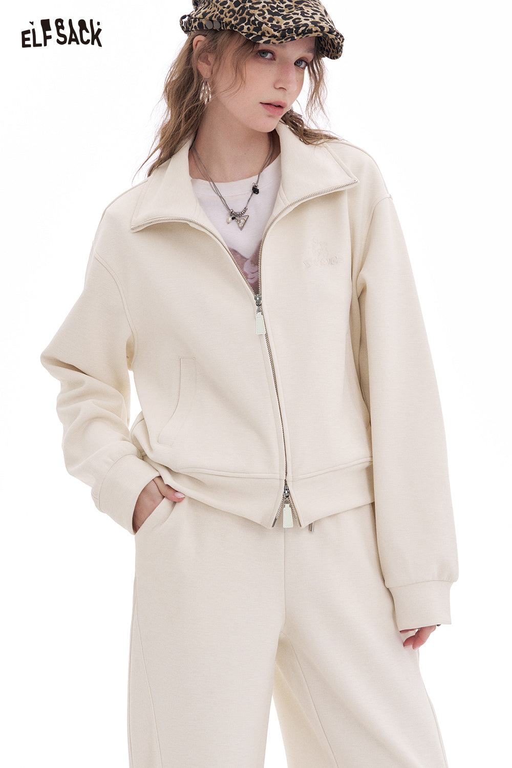 ELFSACK Casual zipper short sweatshirt cardigan trousers two-piece suit sports slim suit women