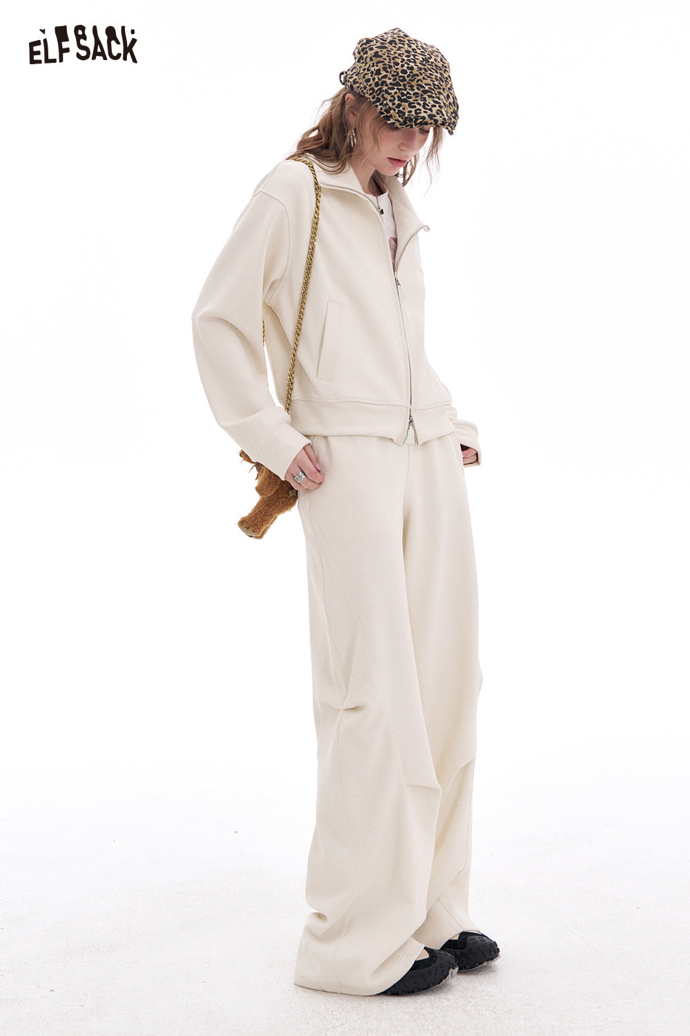 ELFSACK Casual zipper short sweatshirt cardigan trousers two-piece suit sports slim suit women