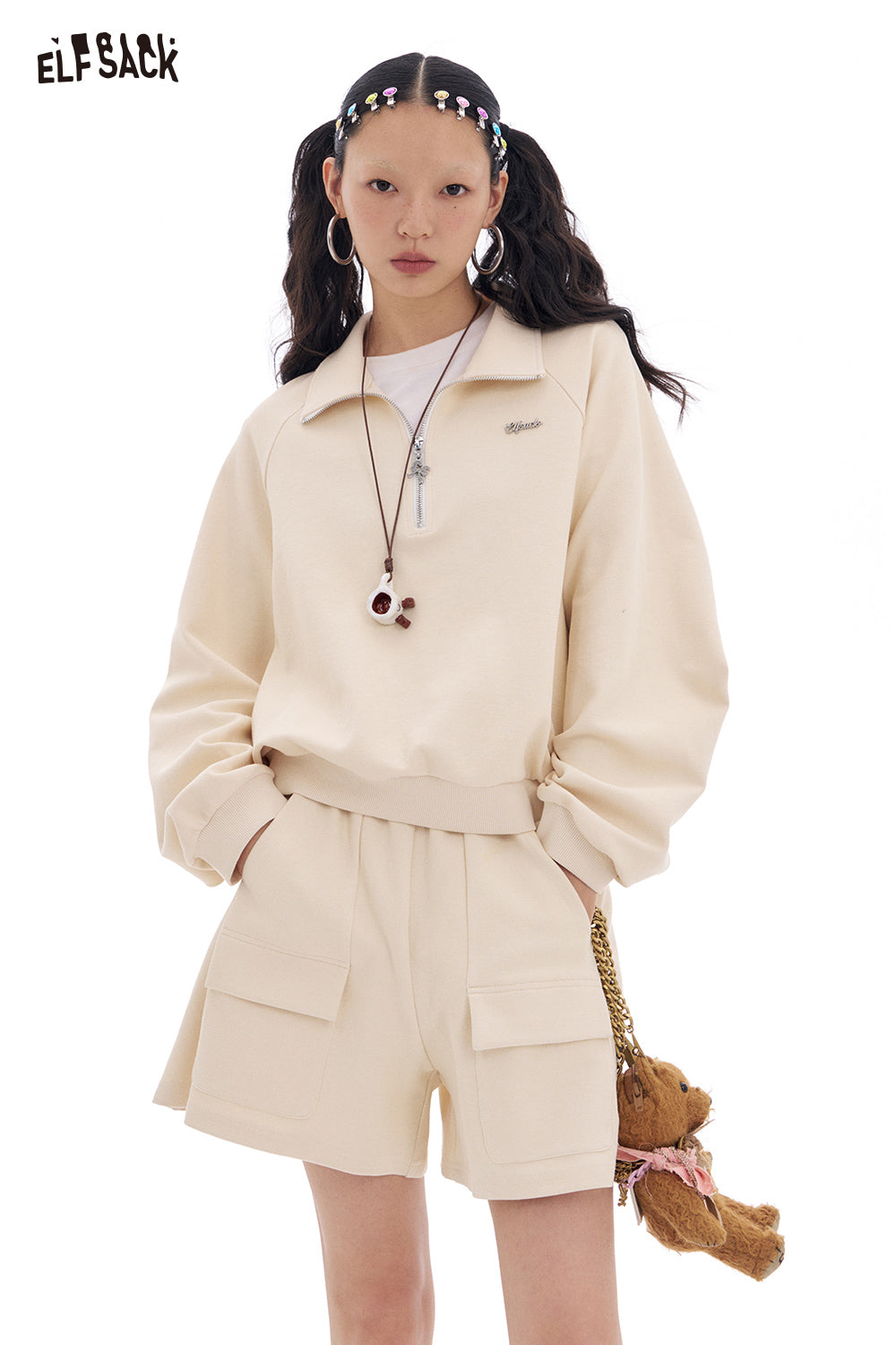 ELFSACK Fake two-piece sweatshirt and elastic waist midi skirt two-piece Korean casual sports suit