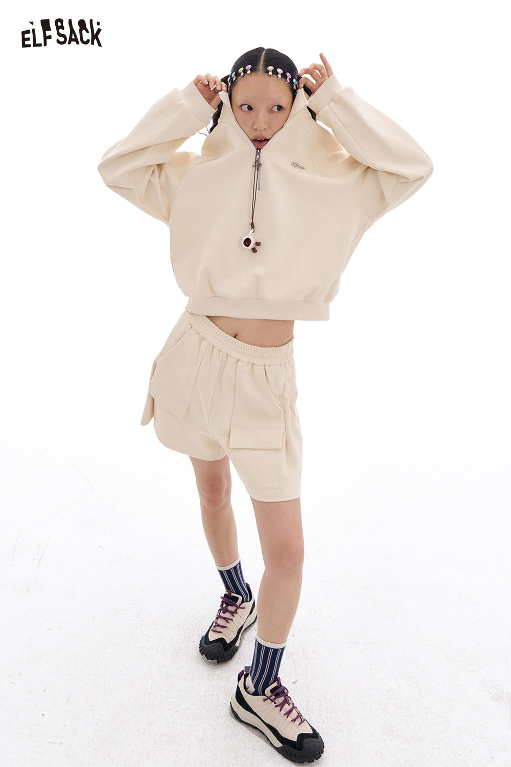 ELFSACK Fake two-piece sweatshirt and elastic waist midi skirt two-piece Korean casual sports suit
