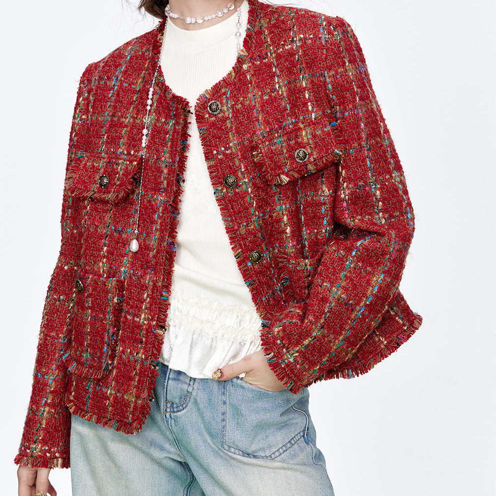 ELFSACK 2025 Spring New Arrivals Vintage Red Plaid Texture Long Sleeve Short Jacket Women Single Breasted Round Neck High Street Top