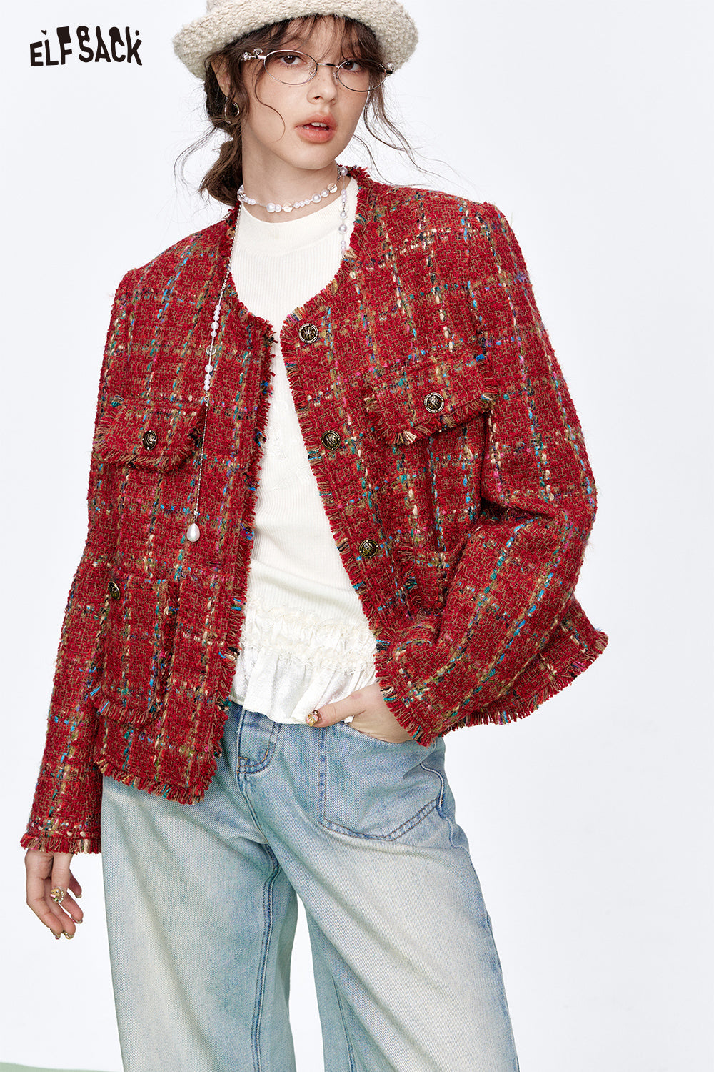 ELFSACK Vintage Red Plaid Texture Long Sleeve Short Jacket Women Single Breasted Round Neck High Street Top